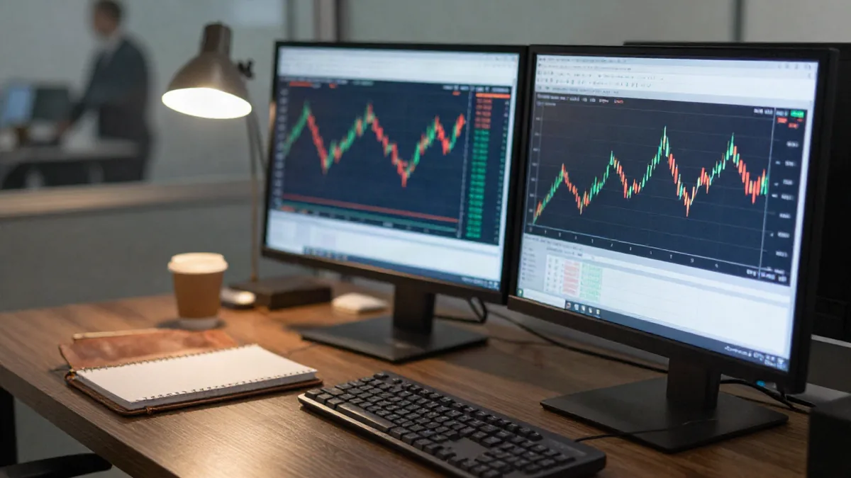 A trader's desk with two monitors showing a candlestick chart and a spreadsheet of backtest results,