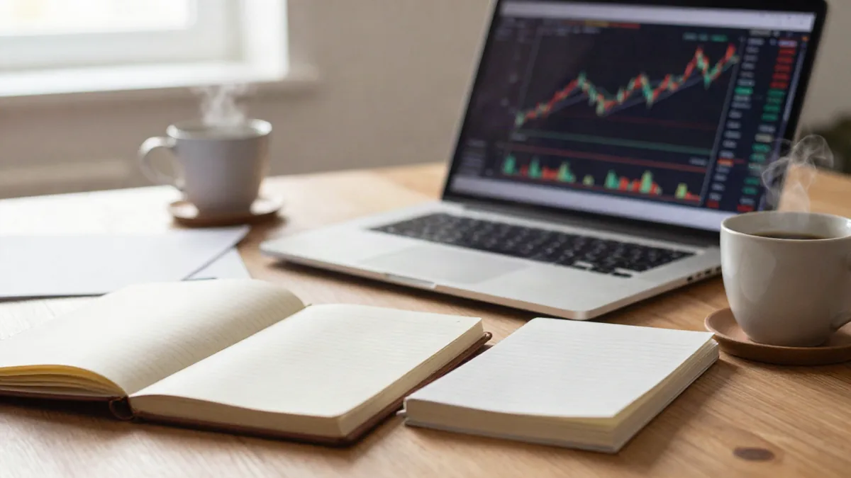 A person at a desk with a laptop showing a spreadsheet of stock tickers, a notebook with handwritten
