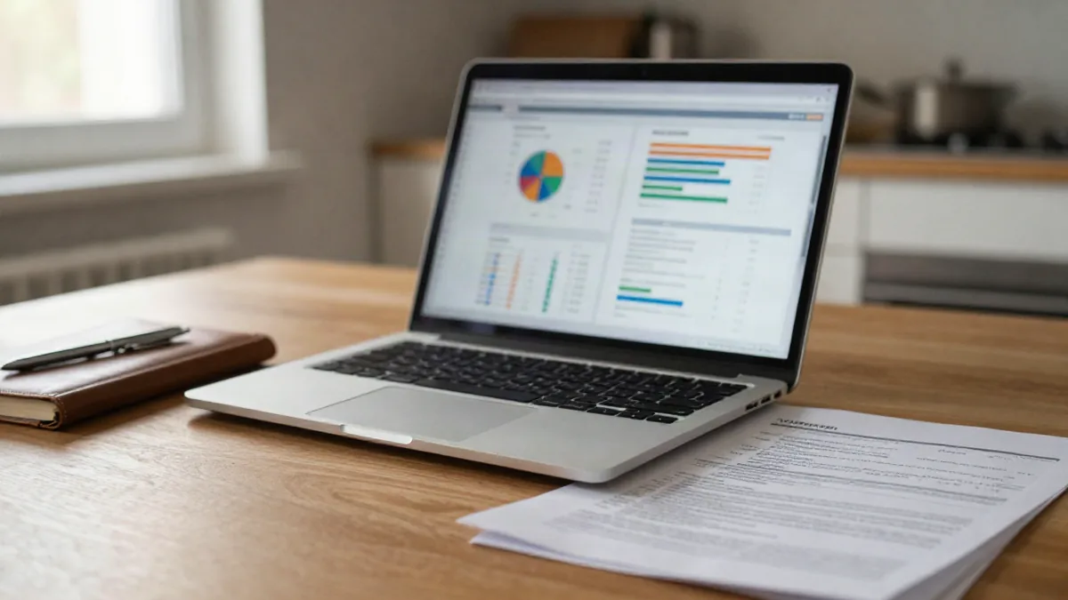 A person at a kitchen table comparing a printed brokerage statement with a laptop showing a portfoli