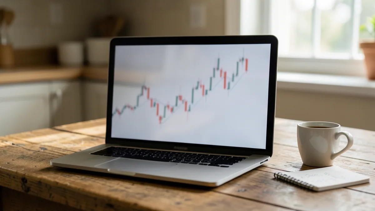 A laptop on a kitchen table showing a broker platform with a candlestick chart, a coffee cup and a h