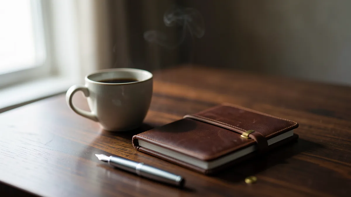 A trader's desk with a printed stock chart, a notebook showing a handwritten list of failure scenari