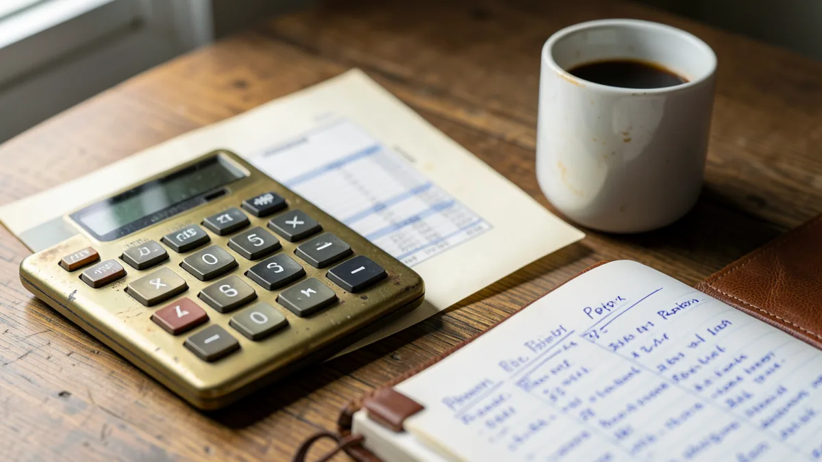 A close-up of a printed dividend history table on a desk next to a calculator and a cup of coffee, w