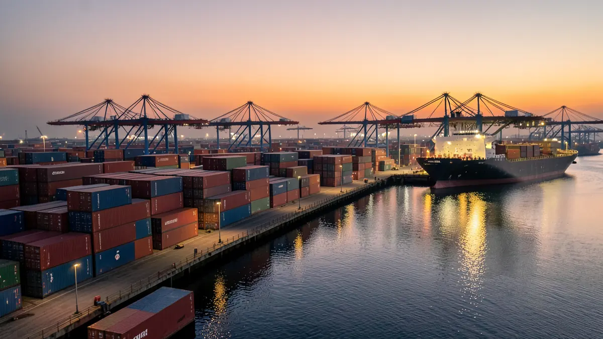 A wide aerial photograph of a busy container port at dusk, with stacked shipping containers, gantry