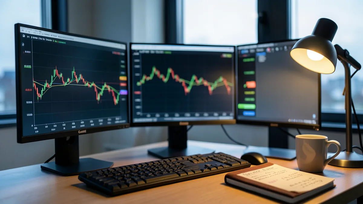A trader's multi-monitor desk at dawn showing premarket candlestick charts with a visible gap betwee