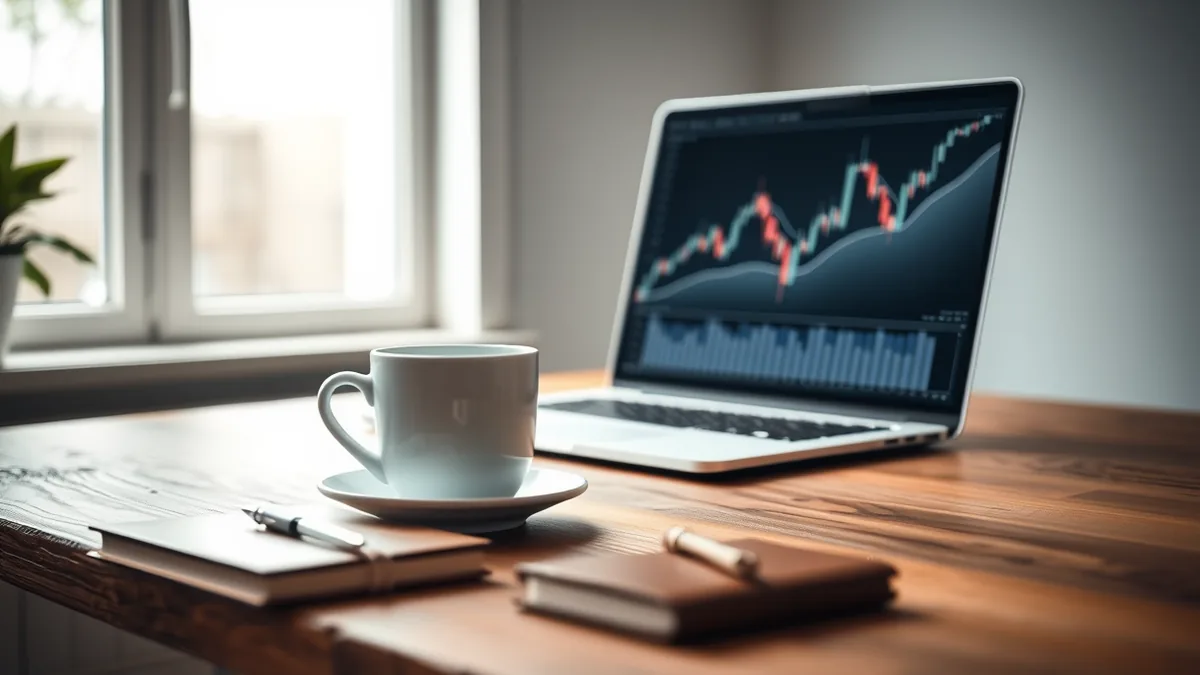 A laptop screen showing a daily candlestick chart with a head and shoulders top, neckline drawn in, 