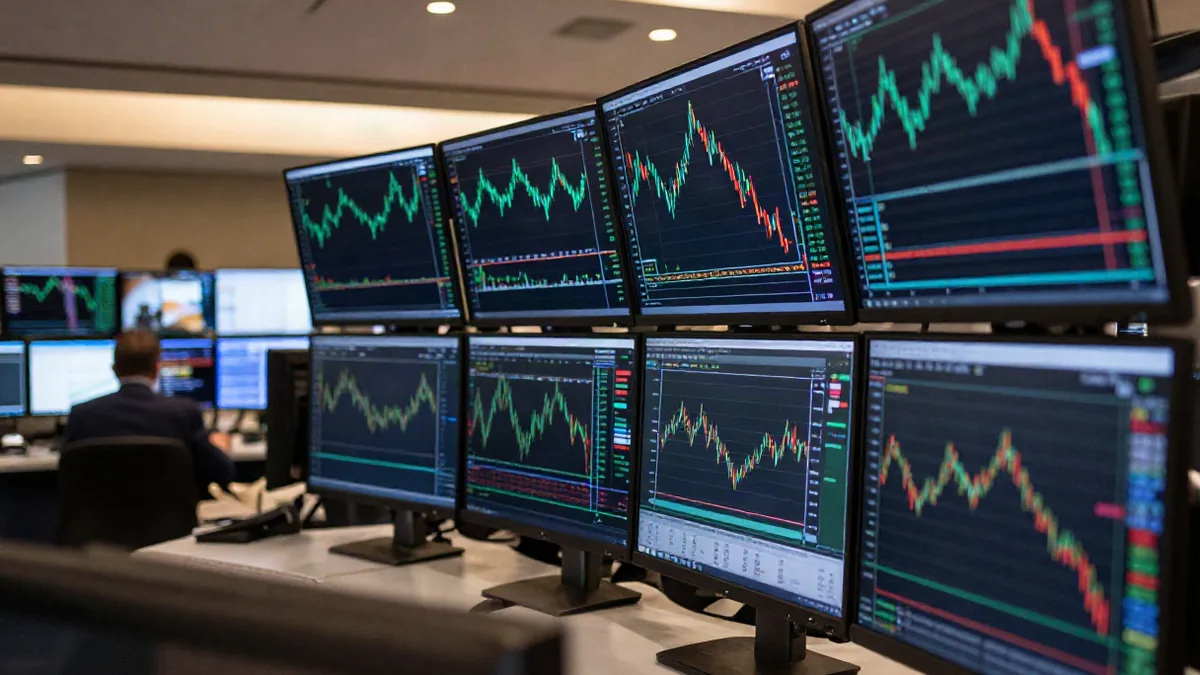 A trading floor screen showing an IPO ticker with a wide opening price range and order book depth, w
