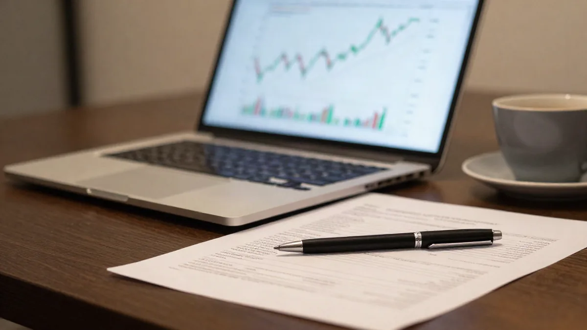 A computer screen showing a company's Form 4 filings on the SEC EDGAR website, with a notebook and p