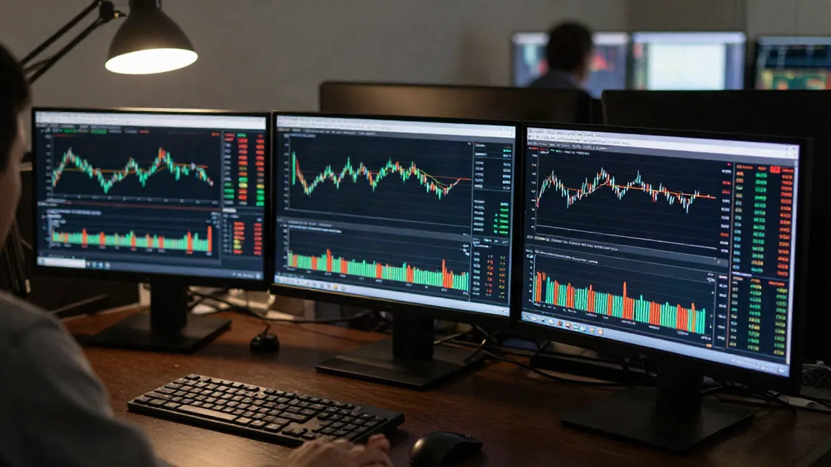 A trader's multi-monitor desk showing a stock index candlestick chart next to a cumulative advance-d