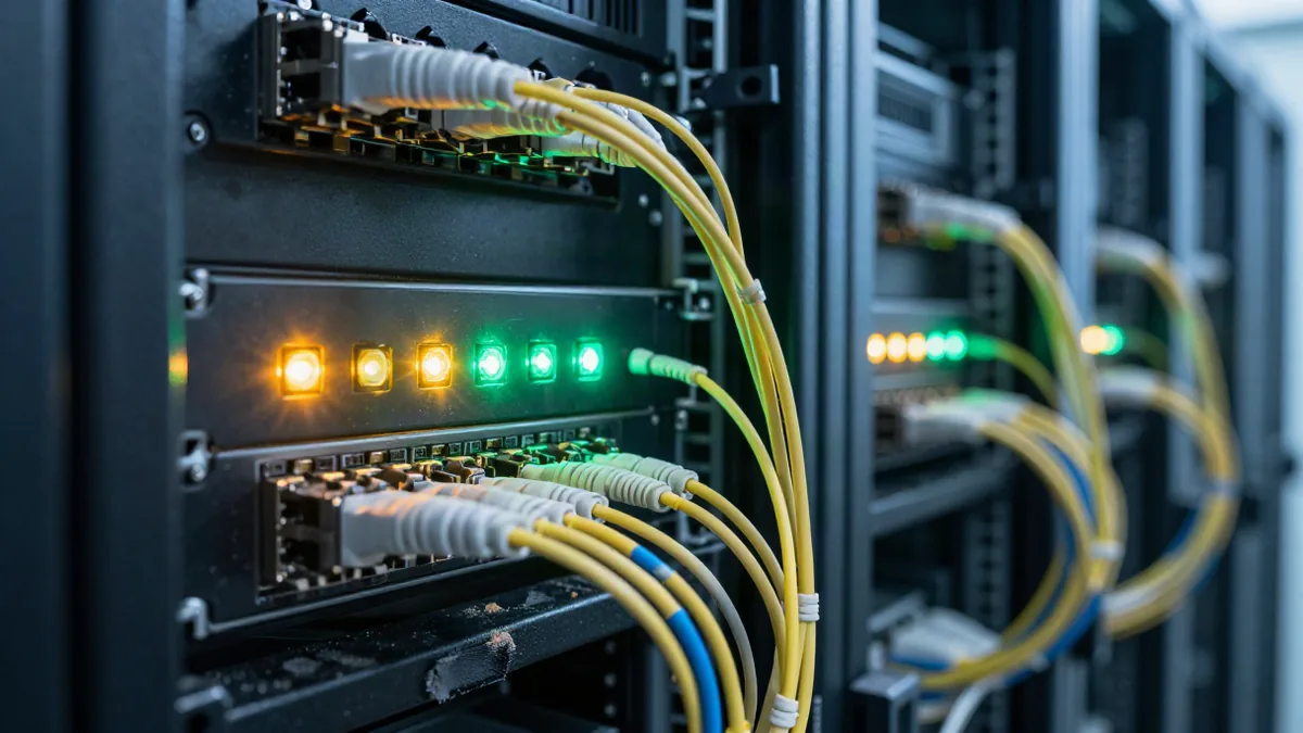 close-up of a server rack in a data center with blinking status lights and neatly bundled network ca