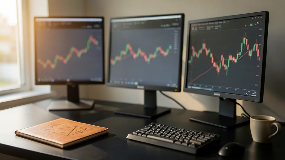 A trader's desk with three monitors showing the same stock chart on weekly, daily and five-minute in