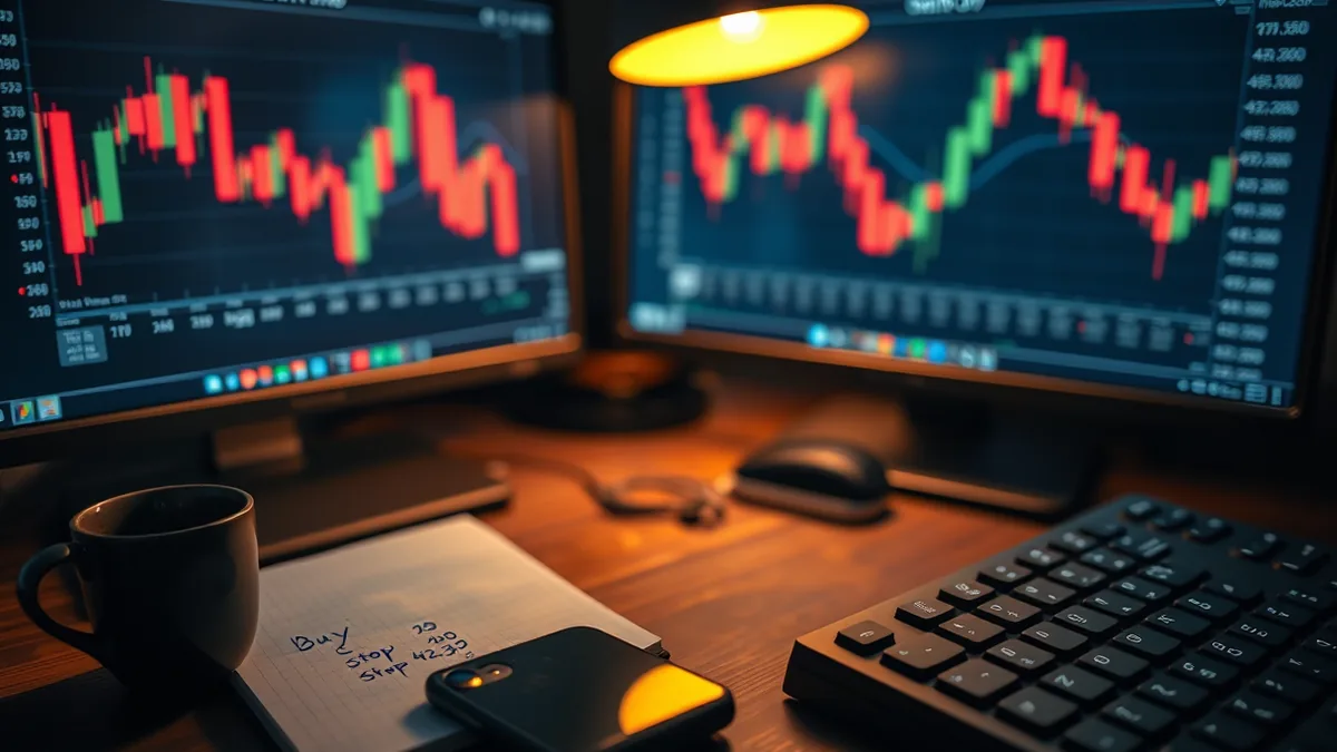 A trader's desk at night with two monitors showing candlestick charts, a notebook with handwritten t