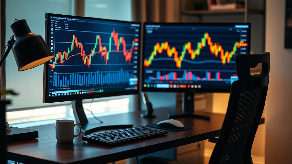 two traders at side-by-side monitors in a small office, one screen showing a ratio chart of two stoc