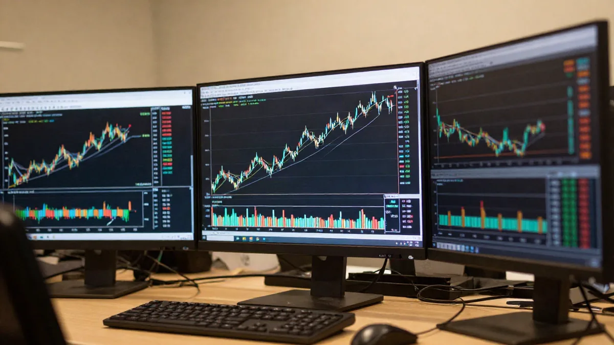A candlestick chart on a trading monitor showing a clear breakaway gap above a rectangular consolida