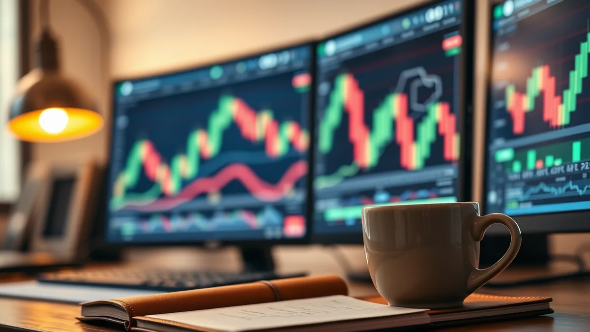 A trader's desk with two monitors showing a stock chart and an options chain, a notebook with handwr