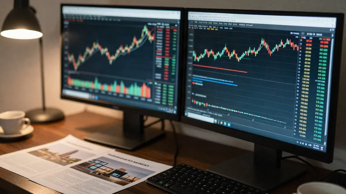 A trader at a desk with two monitors showing a REIT share price chart and a dividend yield table, a 