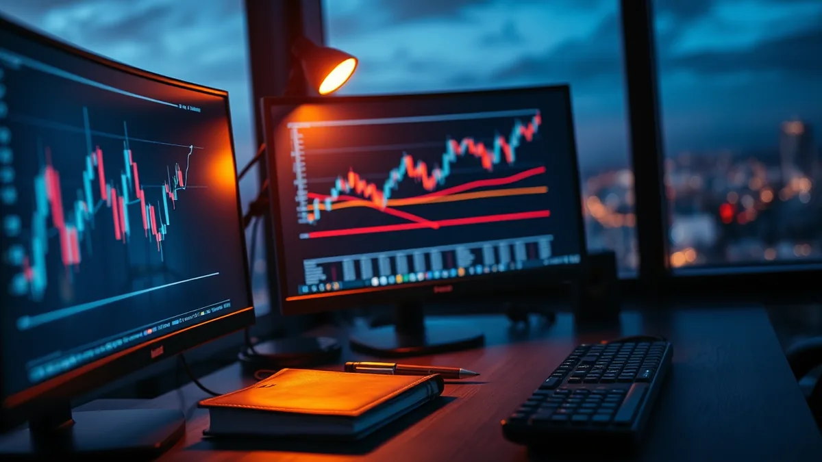 A trader's multi-monitor desk at dusk, one screen showing a candlestick chart of a stock with a thin