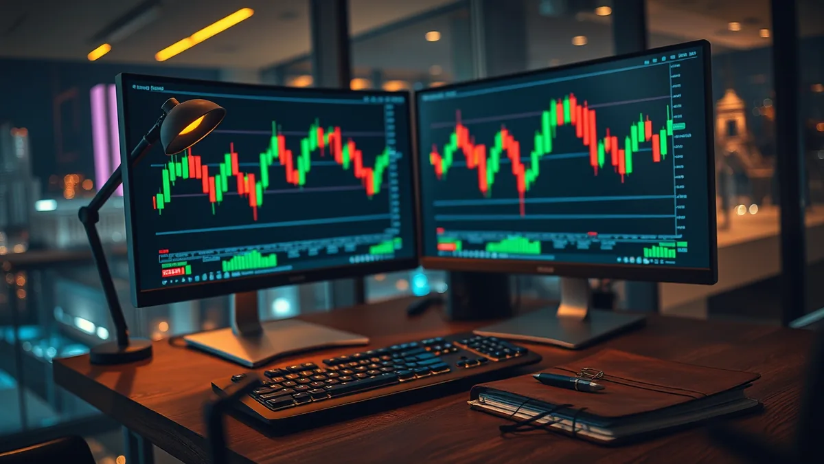 a trader's dual-monitor desk at night showing a stock quote screen, a borrow fee table and a noteboo