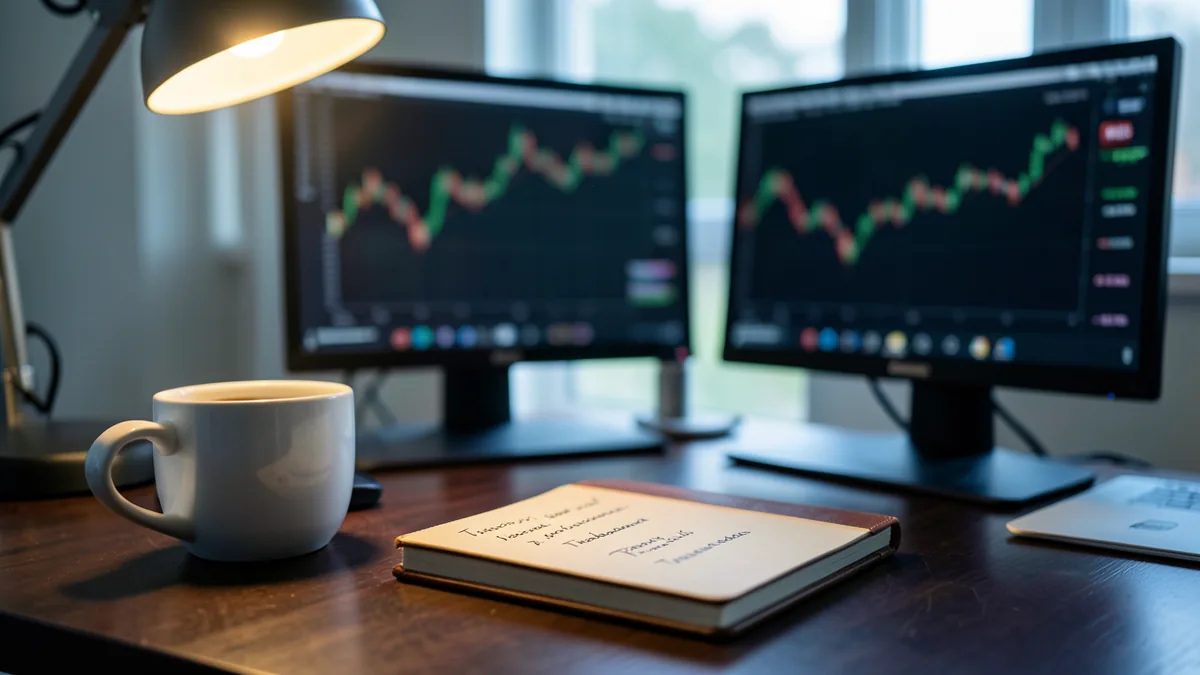 A trader's desk with two monitors showing a candlestick chart and a small RSI indicator panel, a not
