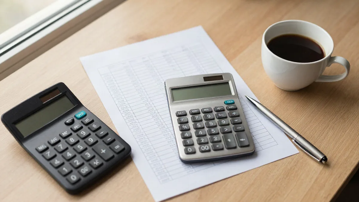 A trader's desk with a printed spreadsheet of position sizes, a calculator, and a coffee cup, shot f