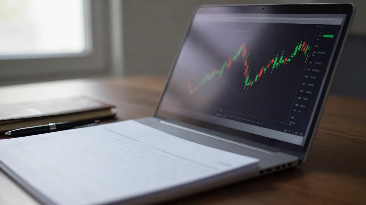 A close-up of a computer screen showing a brokerage account with a candlestick chart and a calendar 