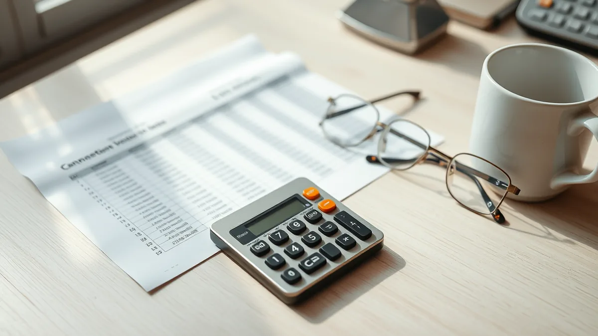 close-up of a financial analyst's desk with a printed spreadsheet showing valuation multiples, a cal