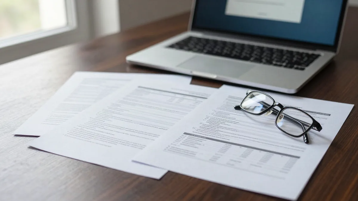 A person reviewing brokerage account statements and regulatory paperwork at a desk with a laptop sho