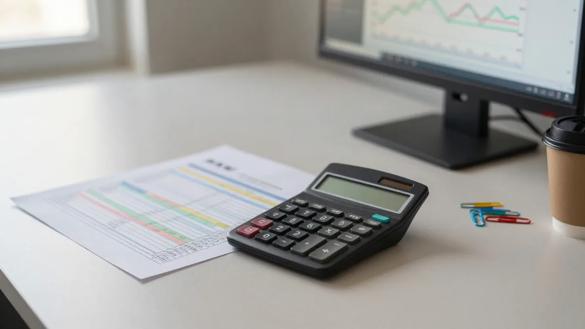 A financial analyst's desk with a printed discounted cash flow spreadsheet, a calculator, and a moni